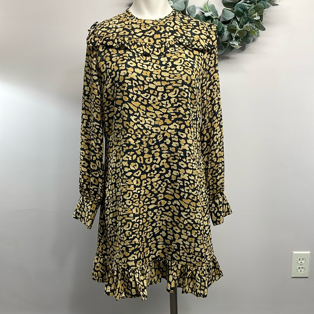 NWOT WHO WHAT WEAR Long Sleeve Leopard Print Ruffle Dress S